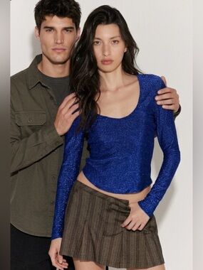 Free People Shimmery Royal Blue V-Neck Long Sleeve Top